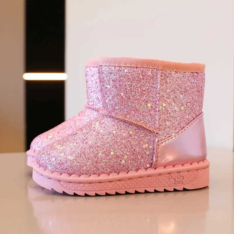 Boots Childrens snow boots 2024 winter new sequined princess ankle boots plush warm cotton shoes childrens anti slip sports shoes girls boots H241018
