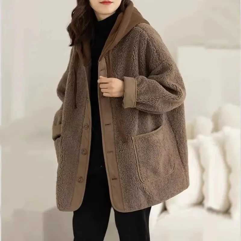 Korean Ladies Join Together Hooded Lamb Plush Jacket Autumn Winter Female Medium Long Styles Coat Large Size Baseball OutwearX241018