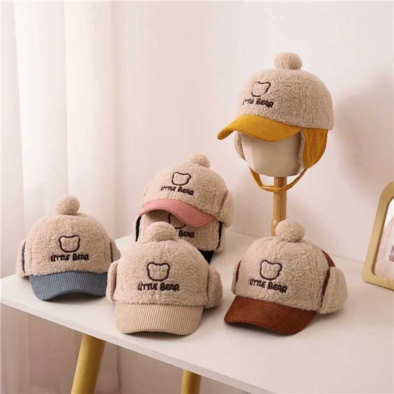 Korean Cute Bear Hat Autumn Winter Childrens Lambswool Lei Feng Hat Warm Padded Baby Ear Caps Boys Baseball Windbreaker Hat LX241018