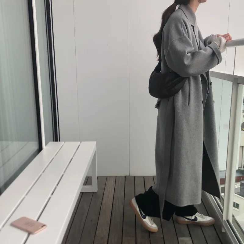 2023 Winter Korean Handmade Double Breasted Long 100% Wool Coat Women Casual Loose Lacing Belt Woolen Overcoat OversizedX241009