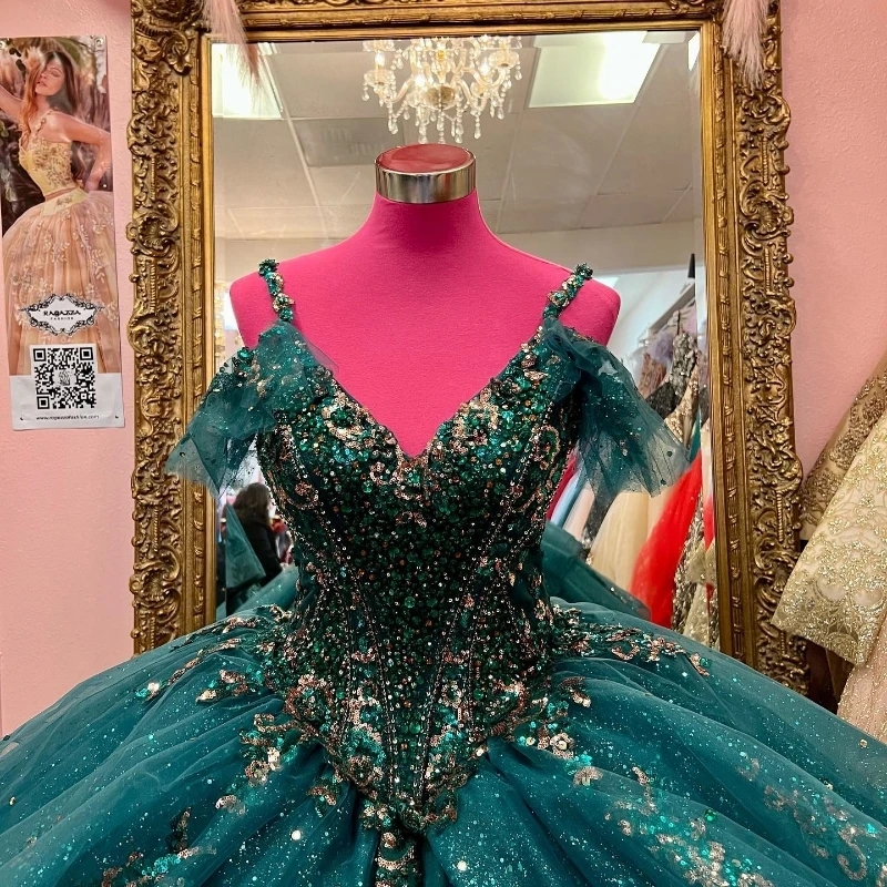 Blackish Green Quinceanera Dresses Sequin Applique Lace Beading Tull Ball Gown Off The Shoulder Sweet Princess Vestidos De 15 Anos Sweet 16 Dress
