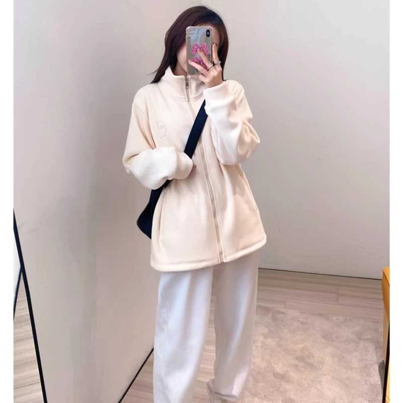 Women Zip Hoodie Thicken Fuzzy Fleece Sweatshirts Lamb Wool Zipper Thickened Oversize White Stand Collar Coats Soft OuterwearX241018