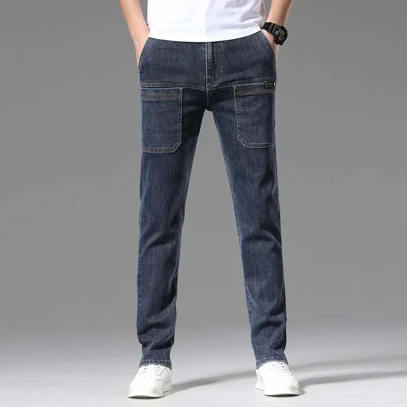 Men Cargo Pants Slim Stretch Jeans Multi Pocket Fashion Streetwear Designer Skinny Male Denim Trousers Brand Clothes Blue Black
