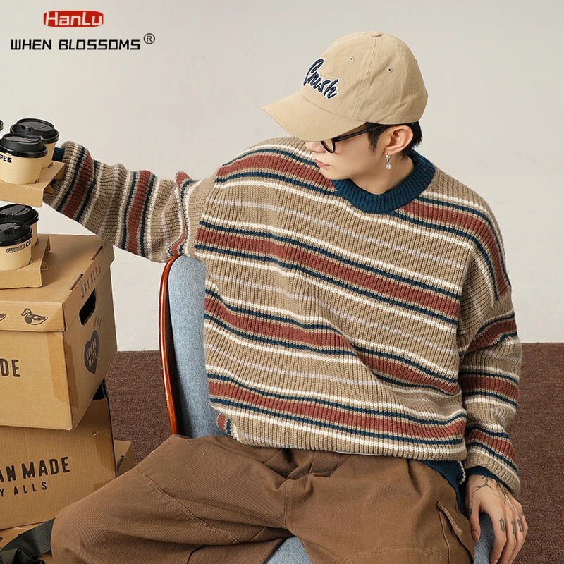 Korean Fashion Vintage Striped Knit Sweater Men Women Pullover Couple knitted Coat Autumn Winter Loose Soft Warm Top streetwear 241018