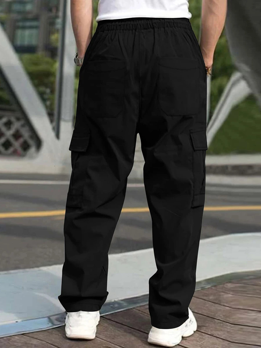 Men s Loose Cargo Long Pants Solid Color Drawstring Waist Straight Leg Trousers Casual Work with Pockets 241018