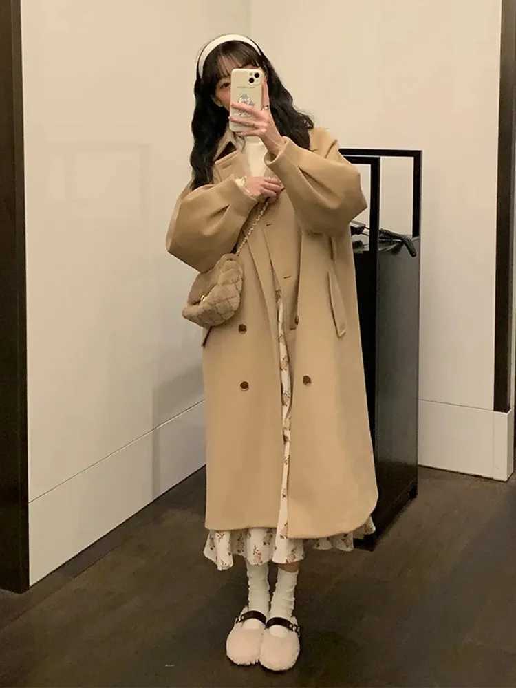 Korean Winter Baggy Woolen Coat Jackets Warm New Turn Down Collar Parkas Outwear Thick Women Double Breasted Overcoat AbrigoX241009