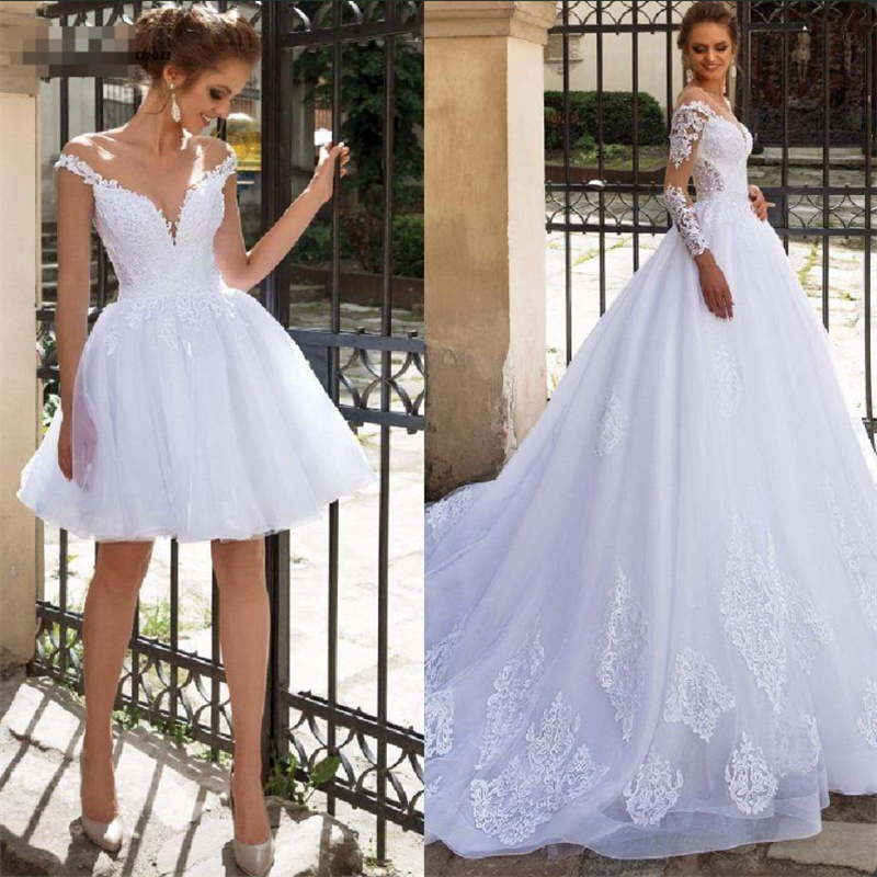 2 in 1 Short Wedding Dresses With Detachable Train Sexy Open Back Lace Beach Wedding Dress White Country Castle Bride Dress A Line Tulle Robe De Marie