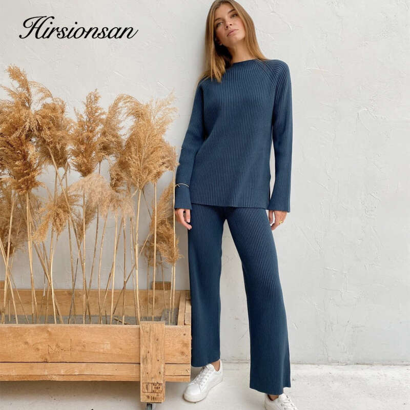 Hirsionsan Elegant Soft Knitted Sets Women Autumn Winter Warm Casual Two Pieces Sweater And Pants Outfits Solid Tracuit Lady