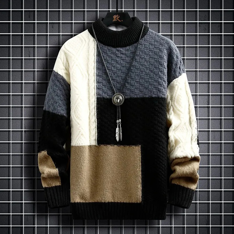 Fashion mens warm knitted sweater patch work O-neck knitted pull-out autumn Korean street clothing pull-out casual mens clothing 241018