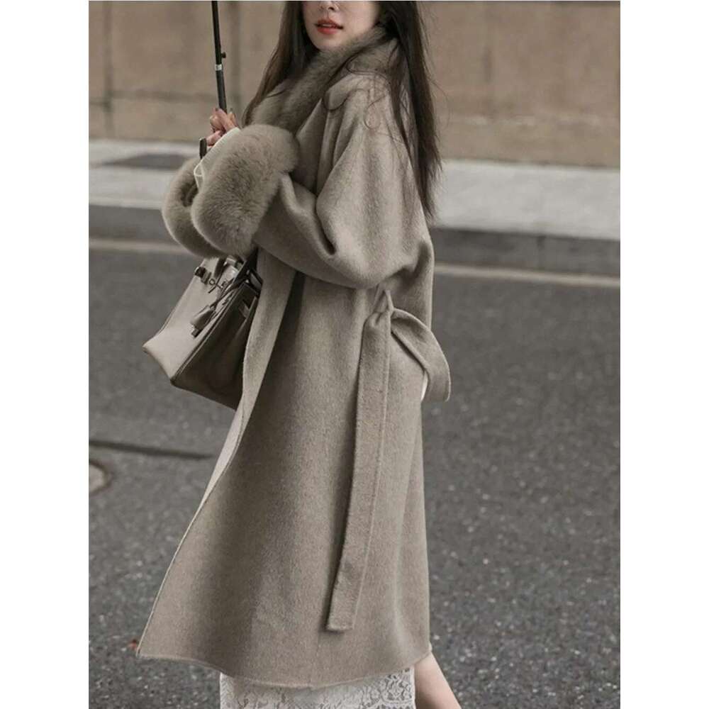 2024 Autumn Winter New Women Long Loose Belt Fashion Woolen Coat Female Sleeve Detachable Real Fox Fur Collar Wool Jacket