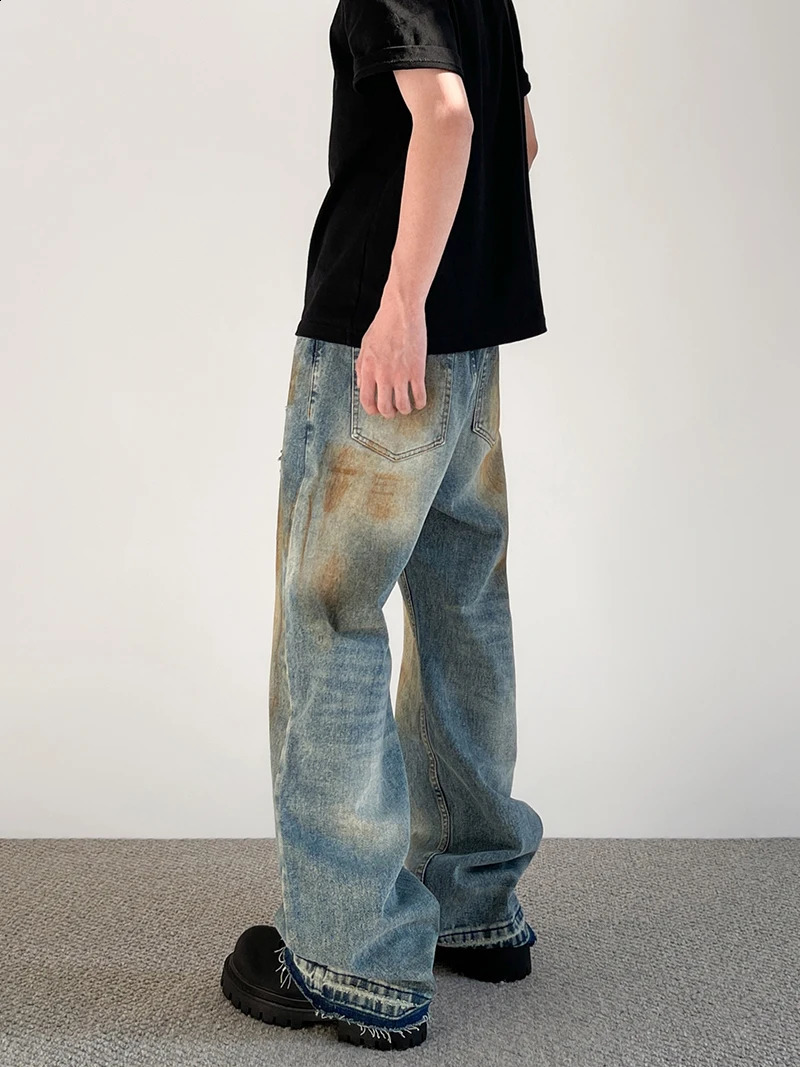 Dirty Holes Straight Jeans Punk Waste Soil Wash Splash Ink Brushing Paint Raw Edge Y2k 241010