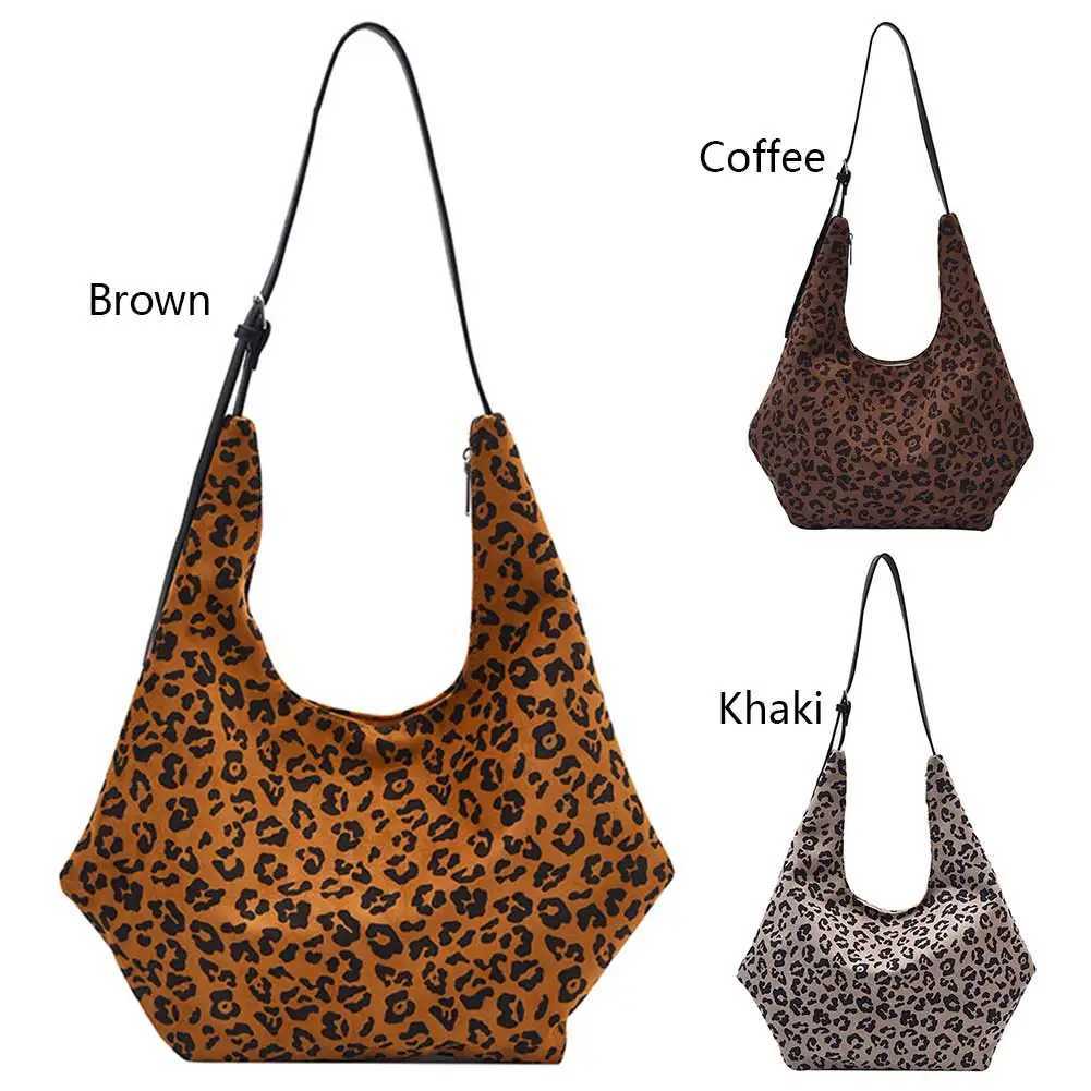 Ladies Suede Shoulder Bag Leopard Print Large Tote with Zipper Crescent Handbag for Work Travel 241018