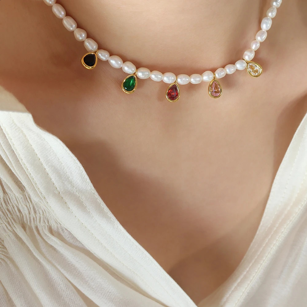 Womens Water Drop Tassel Necklace Crystal Stone Freshwater Pearl Beads Stainless Steel Waterproof Charm Jewelry 241018
