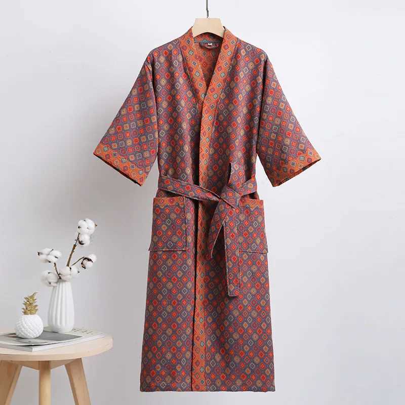 Mens Luxury Cotton Bathrobe with Sash Long Three Quarter Sleeve Pocket Sleepwear Pajamas Large Size Robe Muslim FashionXJ241018