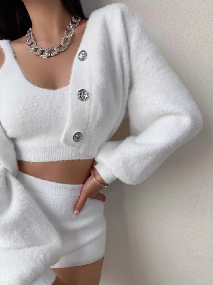 Womens 3-piece Set Korea Style White Cardigan Furry Single-breasted Button Tank Top Knitted Sweater Jumper Shorts Pants Set 241017