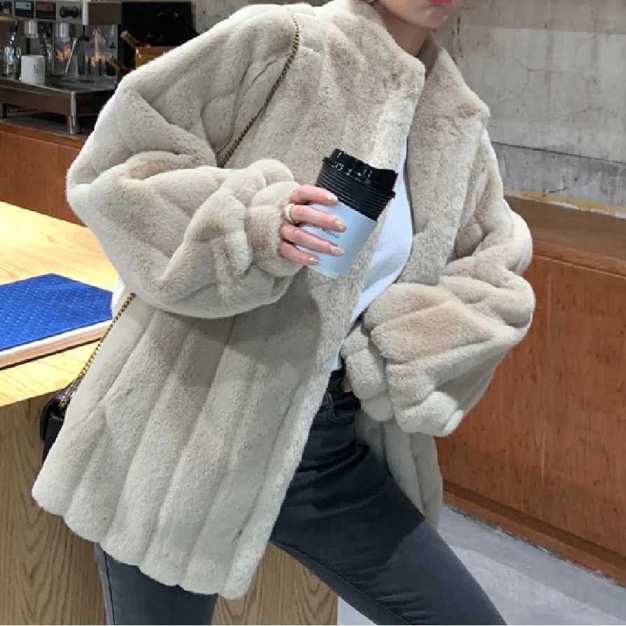 2024 Autumn Winter Faux Rabbit Fur for Women Medium Style Plushi Clothing Loose Lamb Wool Stand Collar Fur CoatX241018