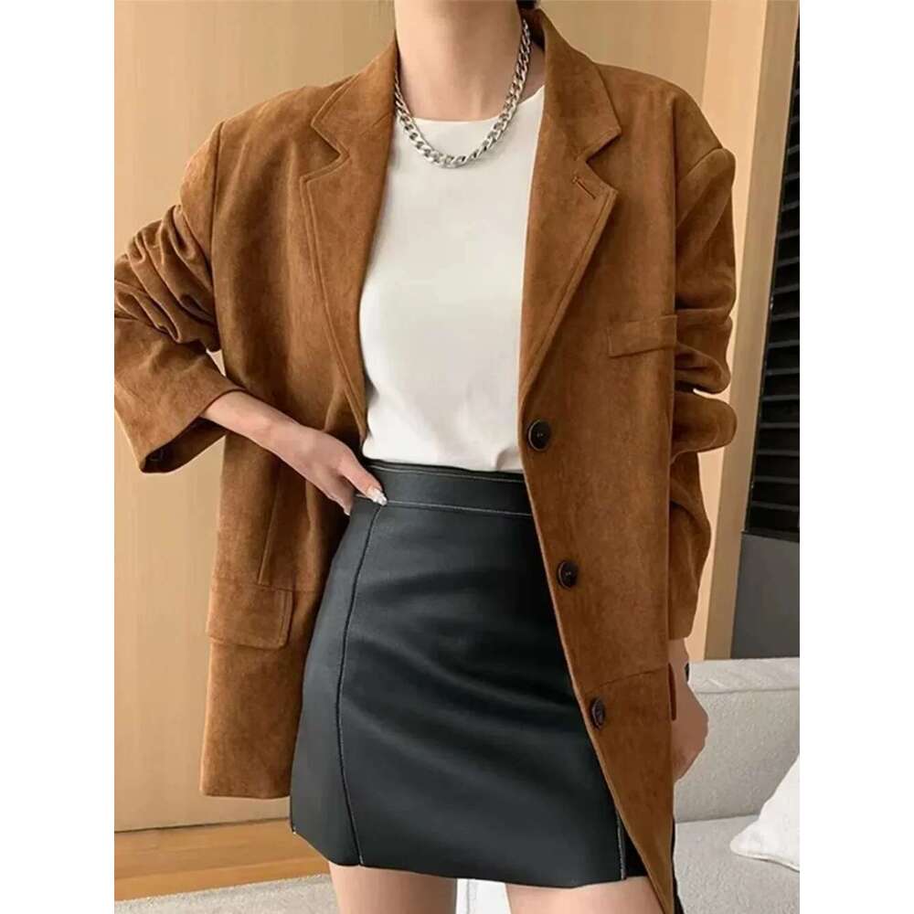 Vintage Solid Women 2024 Fashion Casual Autumn Turn-Down Collar Coats Long Sleeve Single Breasted Female Jacket Loose Lady Coat