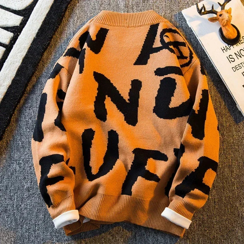 Knit Sweater Male Letter Mens Clothing Print Round Collar Aesthetic Crewneck Pullovers Korean Autumn Loose Fit Fashion X A 241018