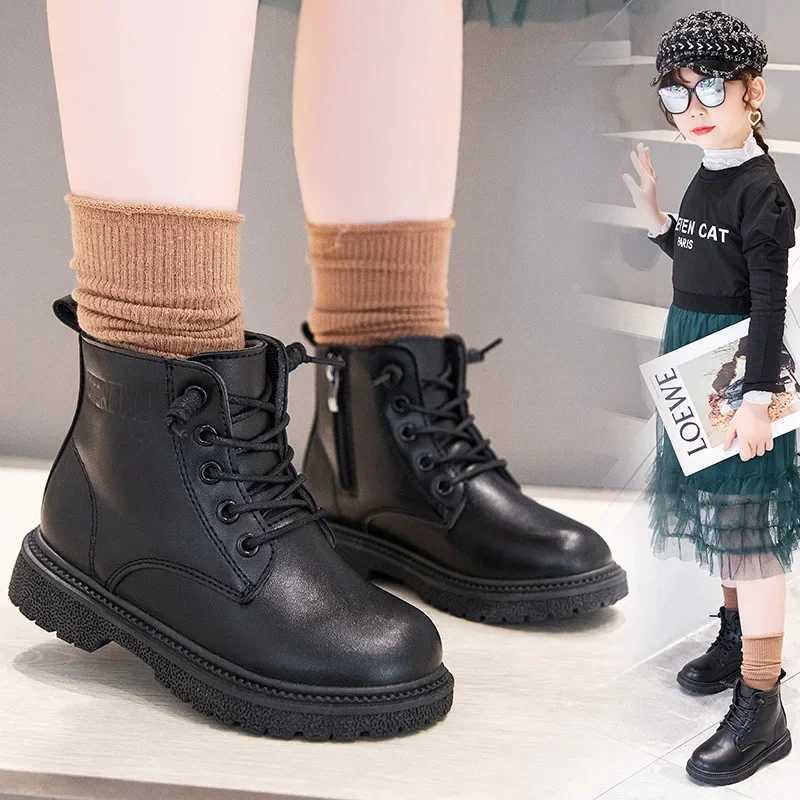 Boots Soft Soled Comfortable Leather Boots Black Boys Side Ankle Boots Trendy Wiinter Shoe for Girl Kids Shoe for Girl Paltform Boots H241018