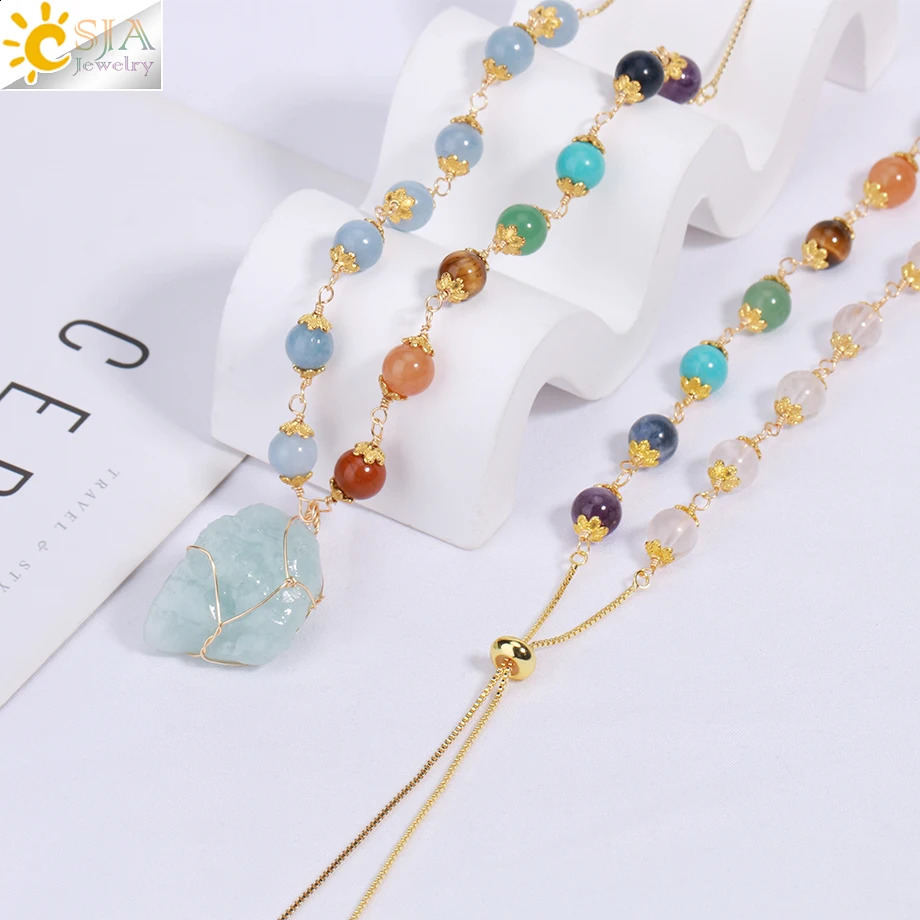 CSJA Treatment 7 Chakra Necklace Female Irregular Natural Stone Pendant Gold Stainless Steel Necklace Jewelry H175 241018