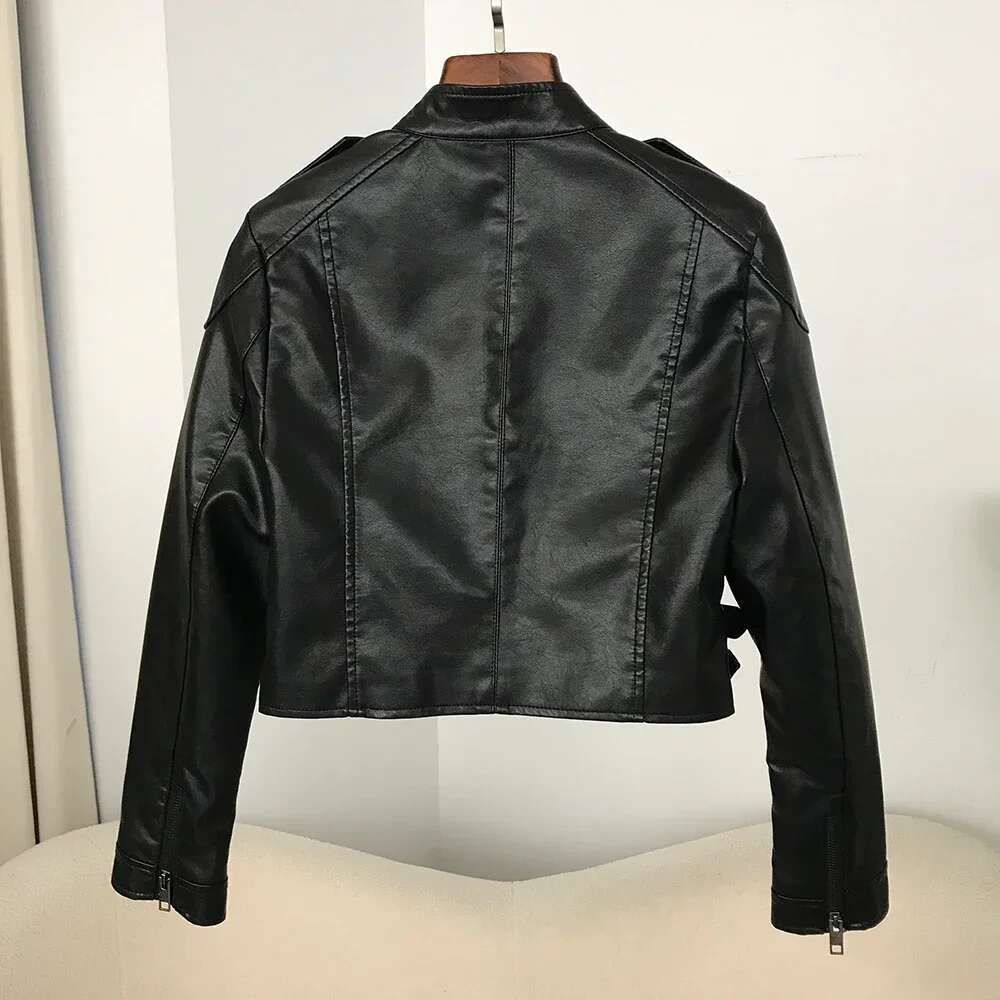New Faux Leather Biker Women High Waist Fashion Slim Short Motorcycle PU Coat Spring Cropped Jacket Female