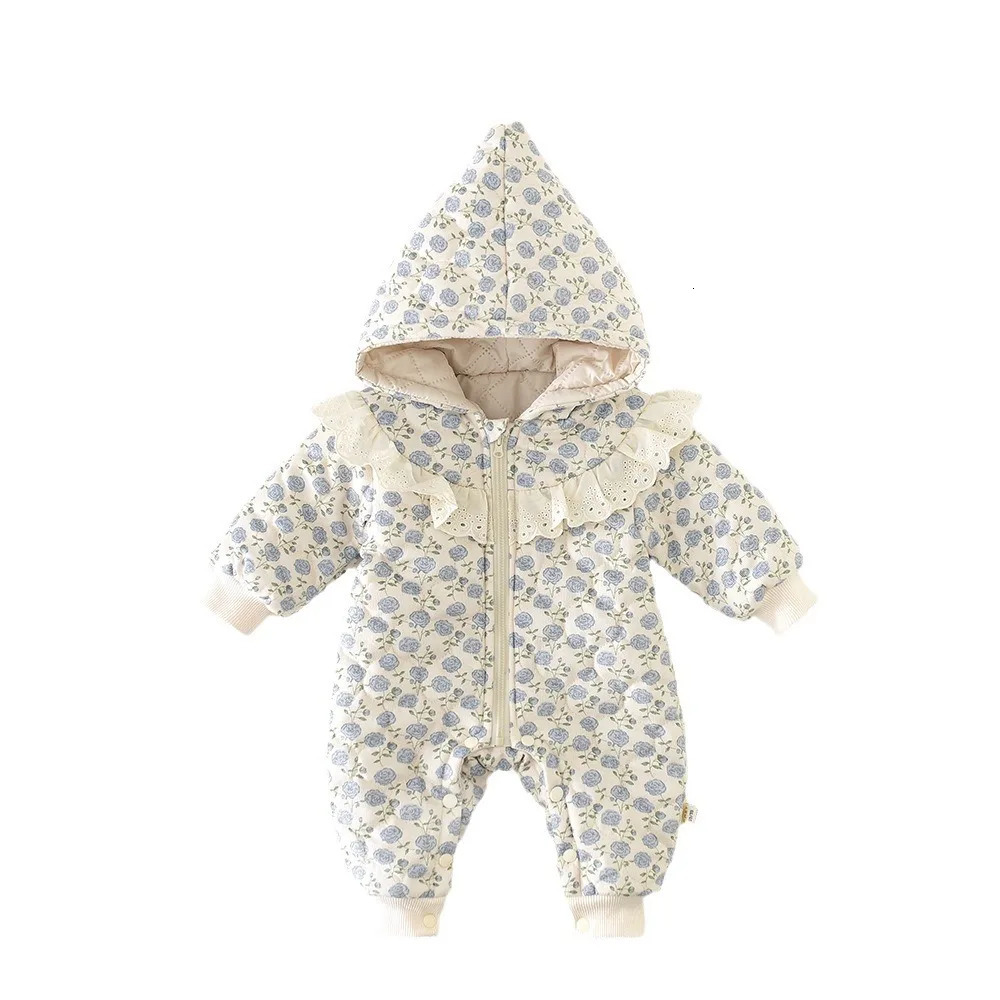 Winter Baby Girls Jumpsuit Lace Floral Cotton Padded Warm Hooded born Girls Bodysuit Pointed Hat Infant Girls Rompers 241008