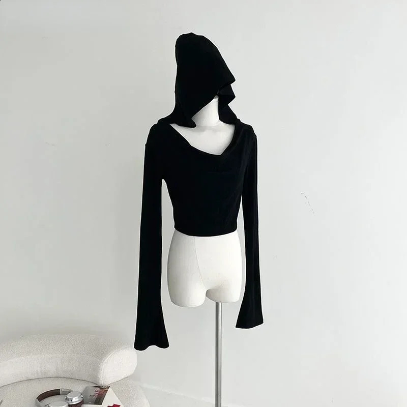 Gothic Black Tshirts for Women Y2k Crop Tops Shirts 2024 Summer Hooded Long Sleeve Tees Korean Fashion Casual Sexy T Shirt 241010
