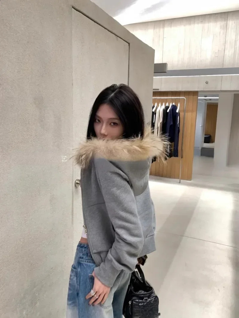 American Style Long Sleeve Gray Sweatshirts Detachable Fur Collar Hooded Cardigan Autumn Sweater Jacket for Women 241017