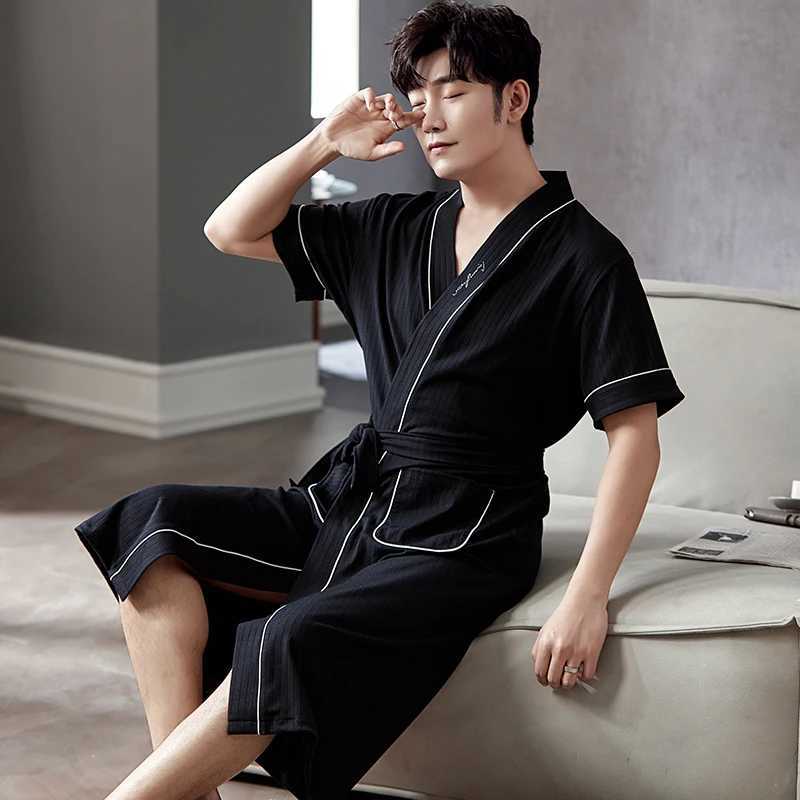 Big Yards L - 4XL Pajamas Mens Full Pure Cotton Knited Robes Sexy V-Neck Short Sleeve Bathrobe Male Solid Color Nightgown LoungeXJ241018