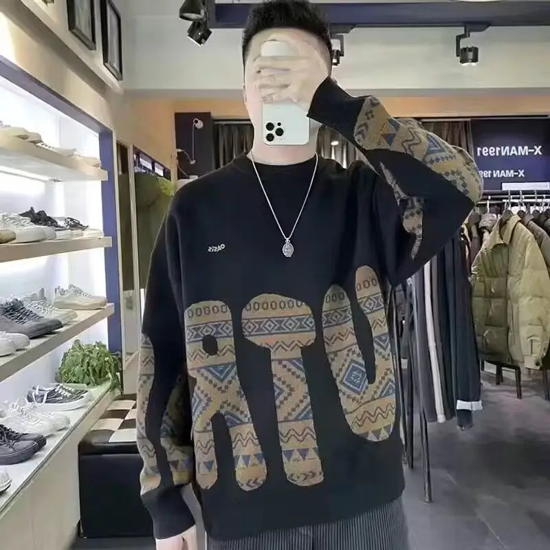 Sweater Mens Versatile Contrast Color Letter Fashion Casual Knitting Trend Minimalist ONeck Loose Long Sleeved Tops 241018