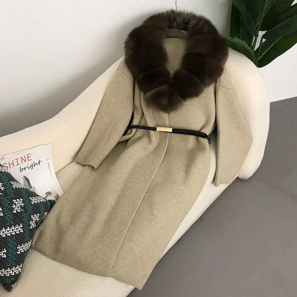 Real New Lazy Fashion Thick Long Fur Collar Cardigan Knitted Women's Natural Fox Skin Loose Coat