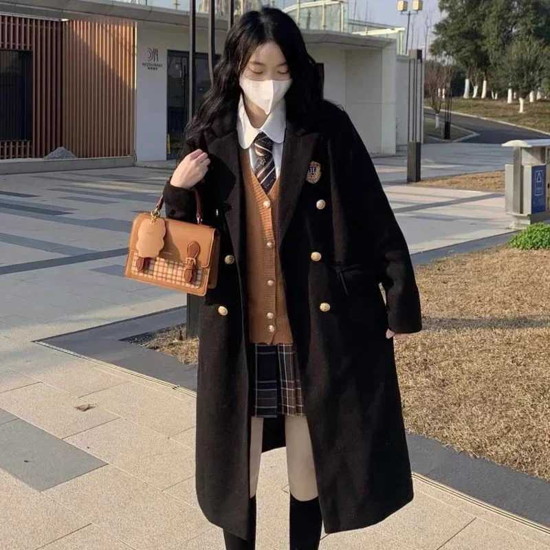 Japanese Women Coats Mid-length Preppy Style Cotton Thickened Woolen JK Coat Autumn and Winter Office Lady Casual Outwear FemaleX241009