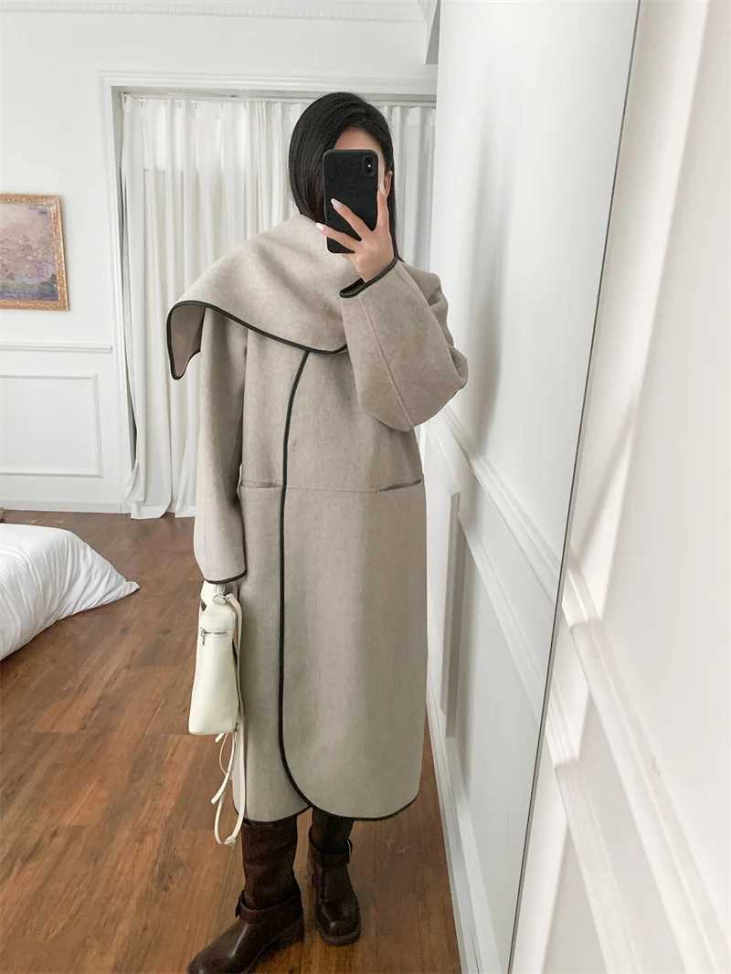 Womens Wool Blend Scarf Woolen Coat 2024 Winter Solid Color Long Sleeve Ladies Casual Loose Straight Warm Mid-Length JacketX241009