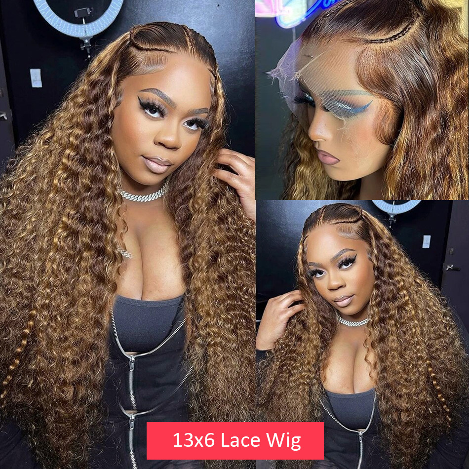 Curly 13X6 Brown 200 Density Frontal 13X5 427 Highlight Ombre HD Deep Wave 28 30 32 Inch 13X4 Human Hair Lace Front Wig
