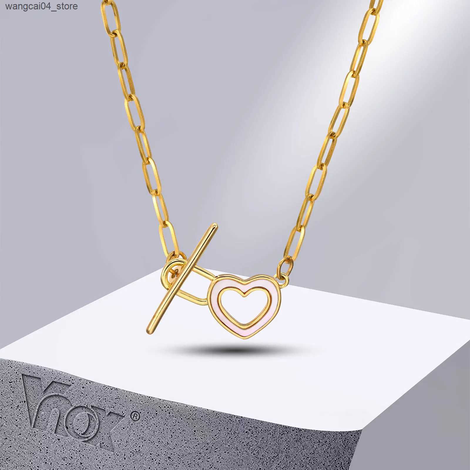 Chokers Vnox heart-shaped circular coin charm necklace womens paper clip chain necklace minimalist necklace with switch buckle L240910