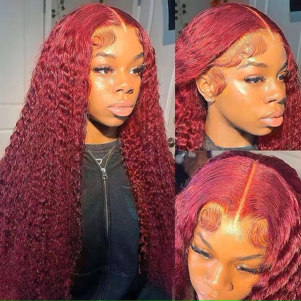 13x4 99J Burgundy Deep Wave 13x6 Lace Frontal Human Hair Wig 200 Density Curly Red Wine HD Lace Front Wig 32 36Inches Brazilian