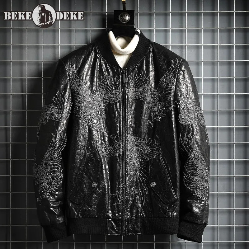 Retro Embroidery Genuine Leather Jacket Men Zipper Stand Collar Bomber Jackets Slim Fit ner Punk Cowhide Motorcycle Coat 241018