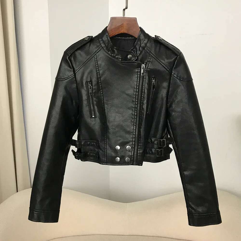 New Faux Leather Biker Women High Waist Fashion Slim Short Motorcycle PU Coat Spring Cropped Jacket Female