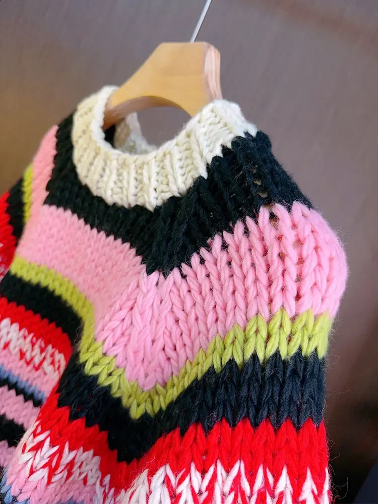 Multicolor Striped Handmade Jumper Sweet Rainbow Wool Blended Color Block Knit Tee Short Sweater AutumnWinter Woman Knitwear 241010