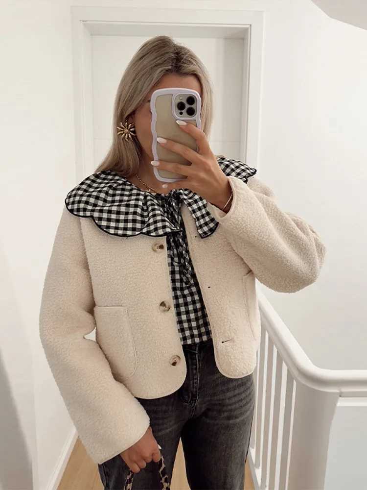 Fashion Solid Short Women Lamb Wool Coat Elegant O-neck Long Sleeve Single Breasted Pockets Jackets Autumn Lady Slim Street TopsX241018