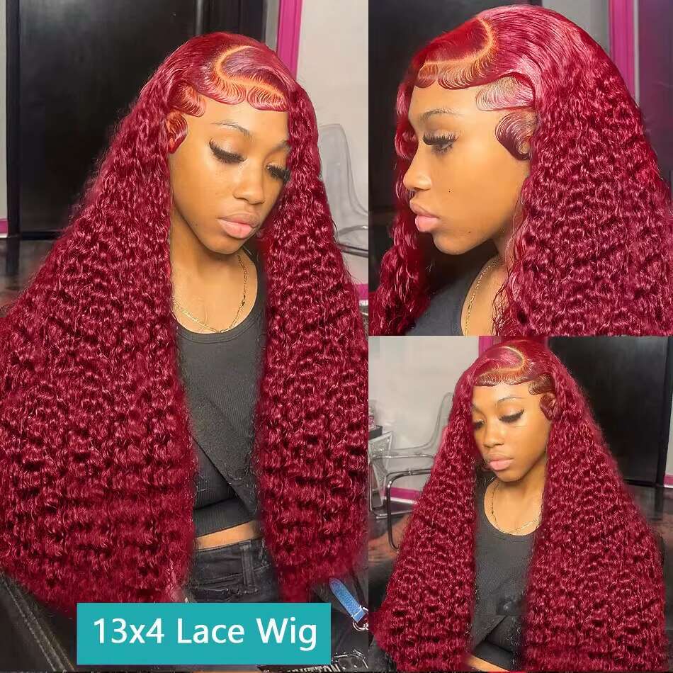 Rosabeauty 99J Bury 13x6 Frontal Human Hair Loose Deep Wave Wigs Remy Red Colored Water Curly 13x4 Lace Wig For Women