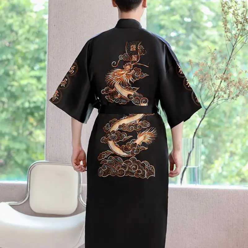 Black Satin Men Kimono Gown Embroidery Dragon Robe Casual Bathrobe Gown Male Loungewear V-neck Sleepwear Loose Home ClothesXJ241018