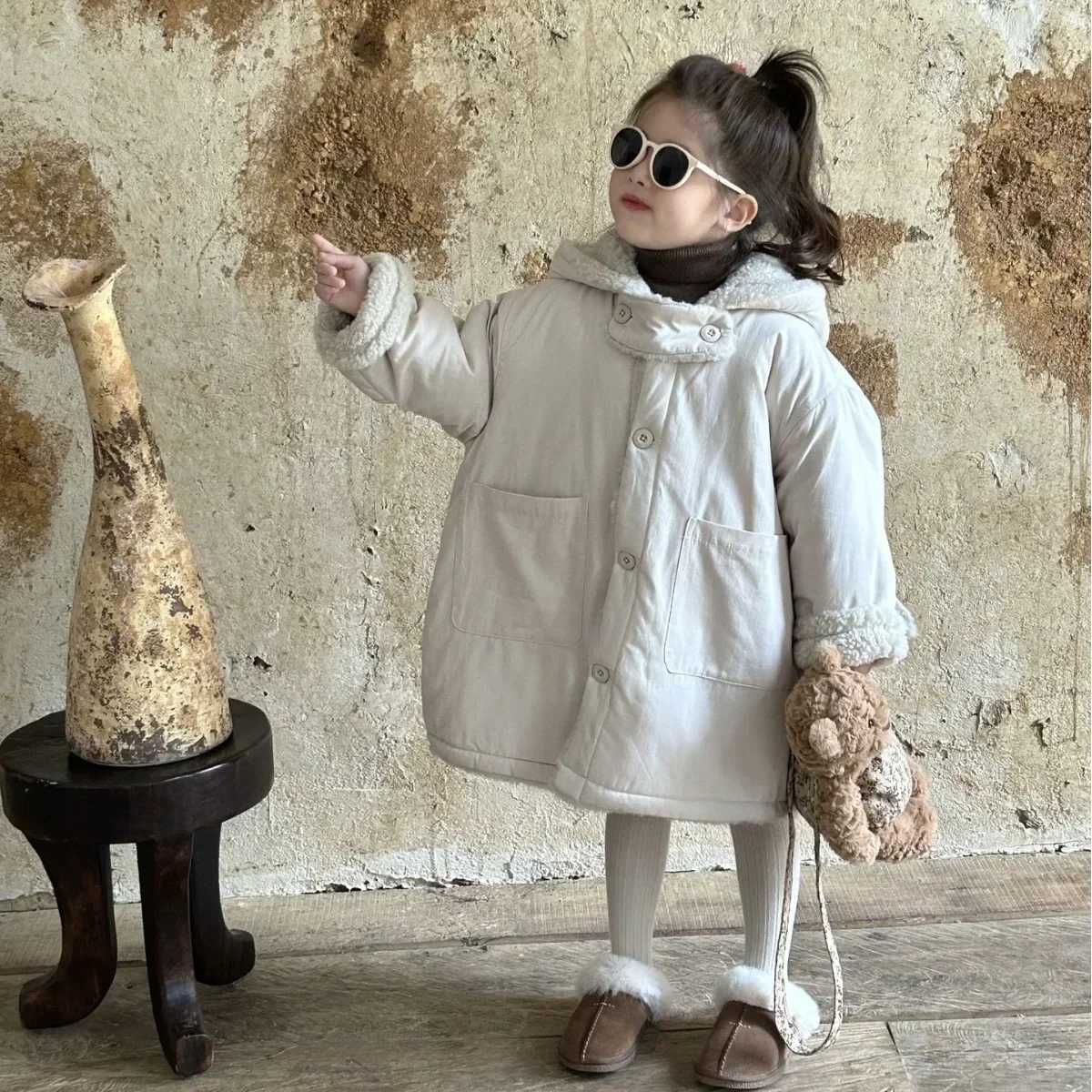 Winter New Childrens Clothing Korean Childrens Clothing Girls Double sided Wool Coat Medium length Coat M241018