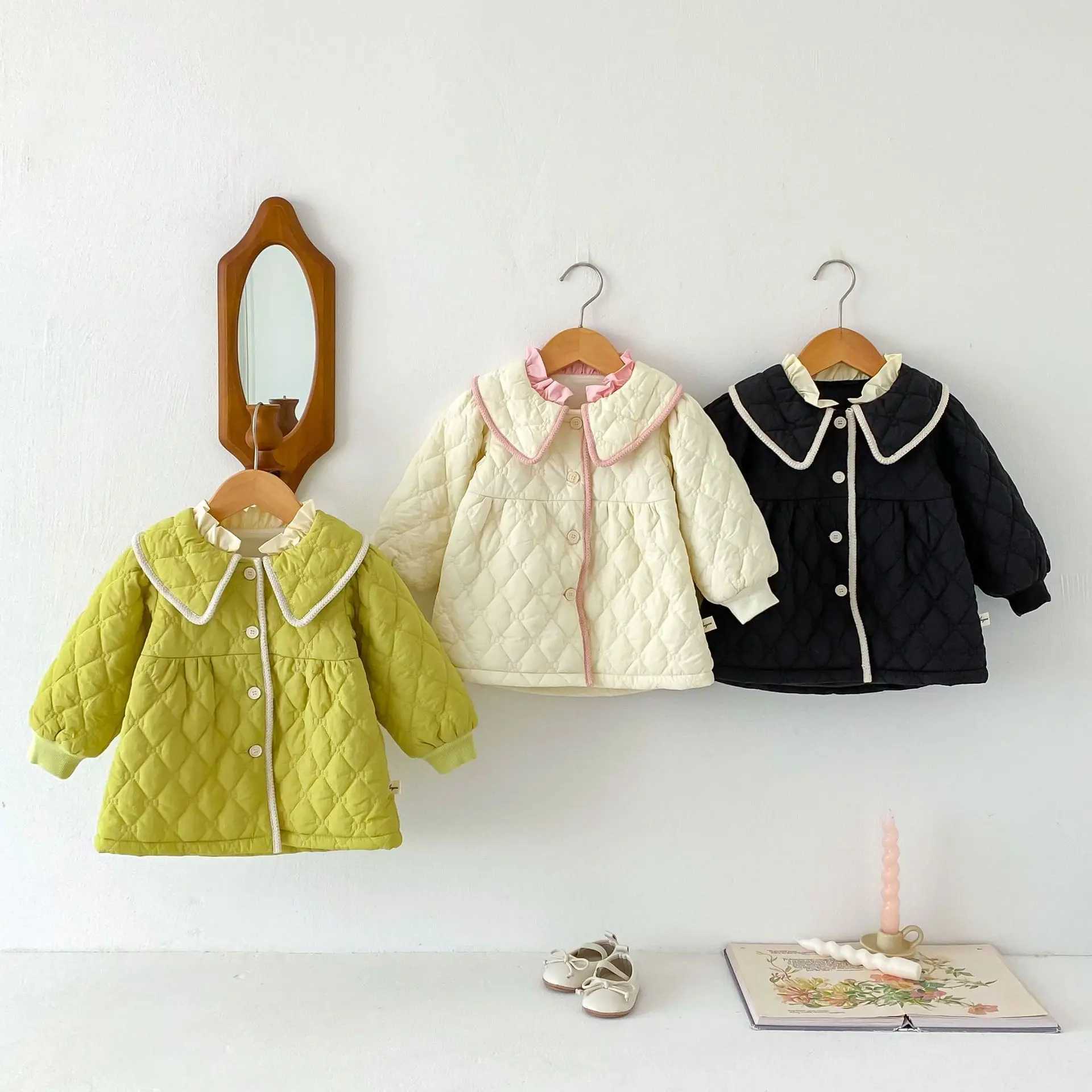 Winter Baby Girls Park Pure Cotton Bedding Solid Swing Door Collar Warm Lace Baby Coat Preschool Girls Jacket M241018