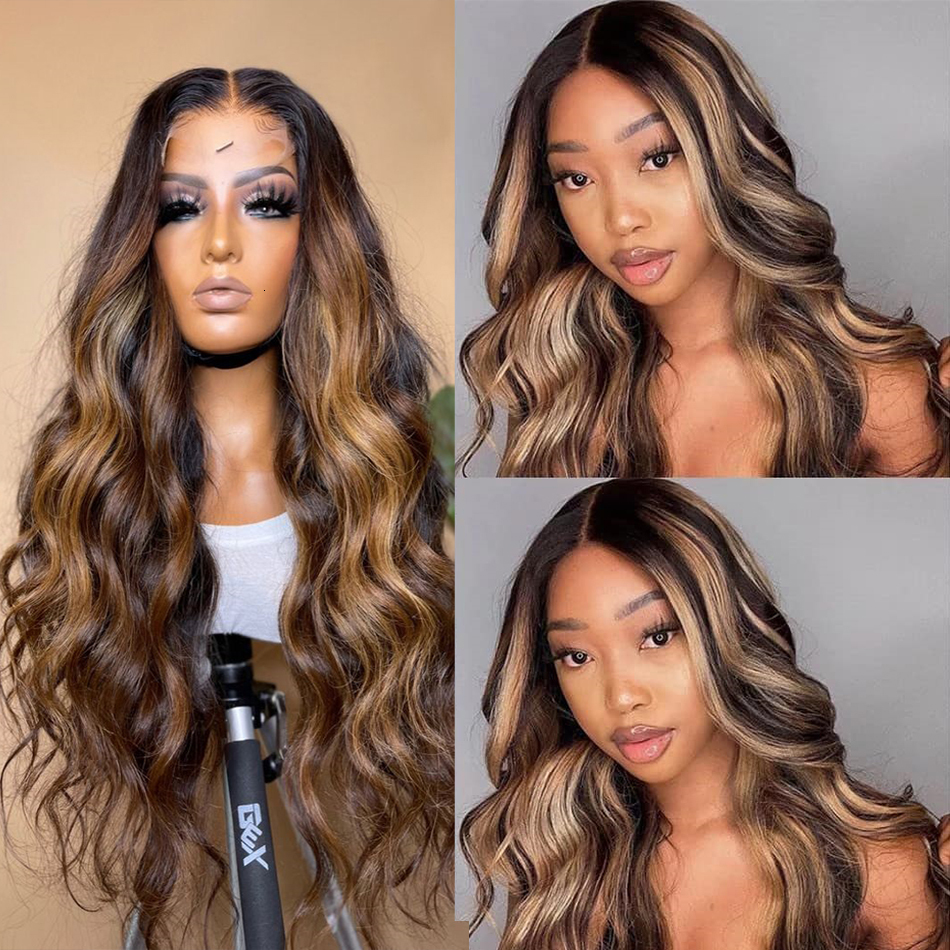 200 Density 427 Highlight Ombre 13X6 HD Frontal Body Wave Human Hair 13X4 Lace Front Wig 13X5 30 32Inch Brazilian Brown