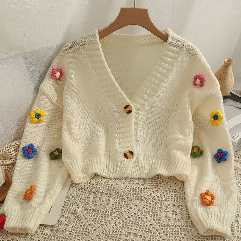 Cropped Cardigan 3D Flower Vneck Kawaii Retro n Allmatch Mujer Sweater Tender Girlish Aesthetic Fall Arrival Ulzzang 241010
