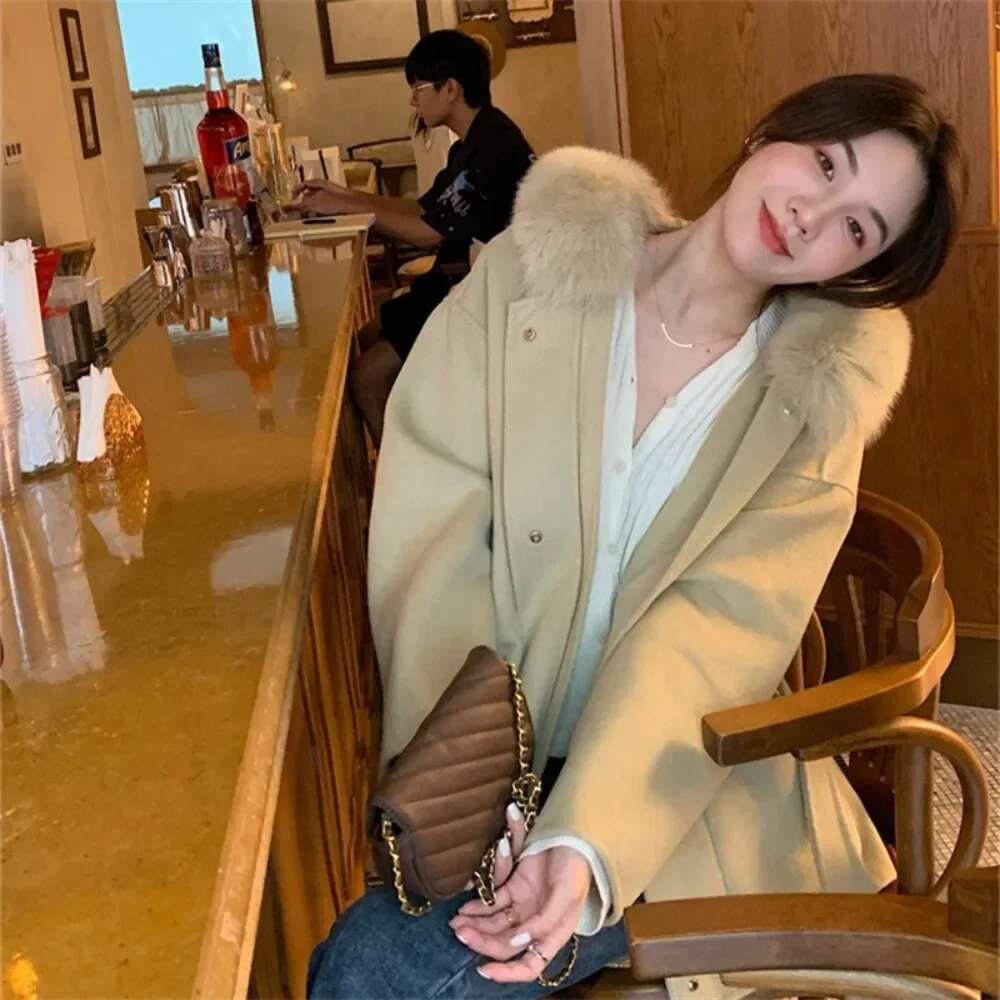 Real Fox Woolen Coat Female 2024Winter New Women Loose Temperament Large Size Thickened Parkas Big Fur Collar Hooded Outwear