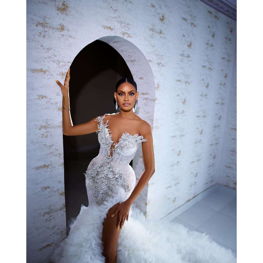 Gorgeous Beaded Mermaid Dresses With Long Train Puffy Tiered Tulle 2024 Aso Ebi Wedding Bridal Dress African Formal Gown 0218