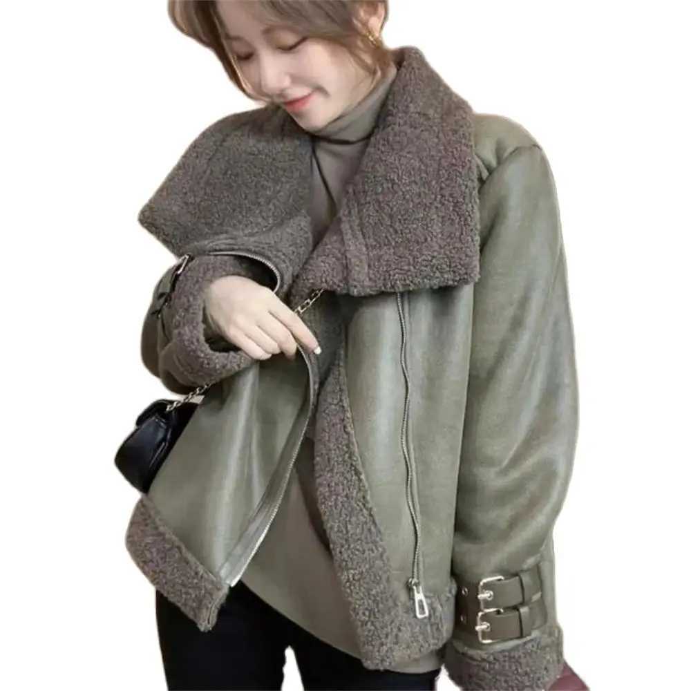 Fashion Lapel Lamb Wool Leather Jacket Women 2024 Winter Long Sleeve Zipper Thickened Coat Casual Chic Female Warm OuterwearX241018