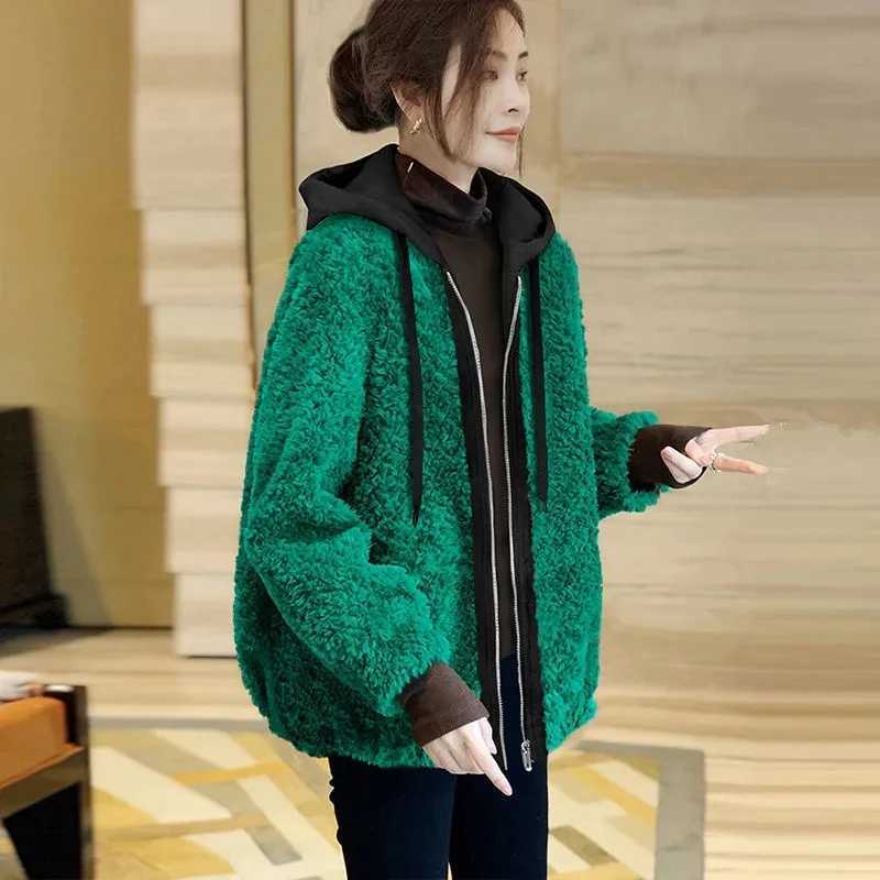 Green Plush Jackets For Women 2023 Zipper Hooded Stitching Coat Autumn Winter Fashion Long Sleeves Chamarras Para MujerX241018